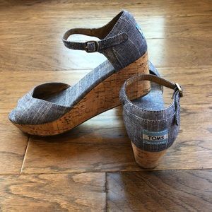 toms brand chambray and cork platform wedges